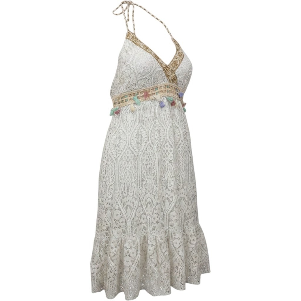 XHQ Made in‎ Italy White Lace Boho Halter Dress Tassels Sequins Cotton Lined